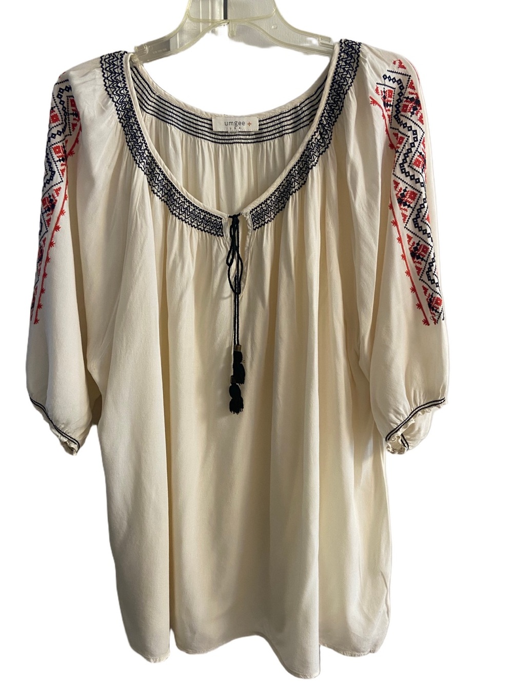 Umgee Bohemian Embroidered Tassel Tie Neck Tunic Blouse Cream 2X